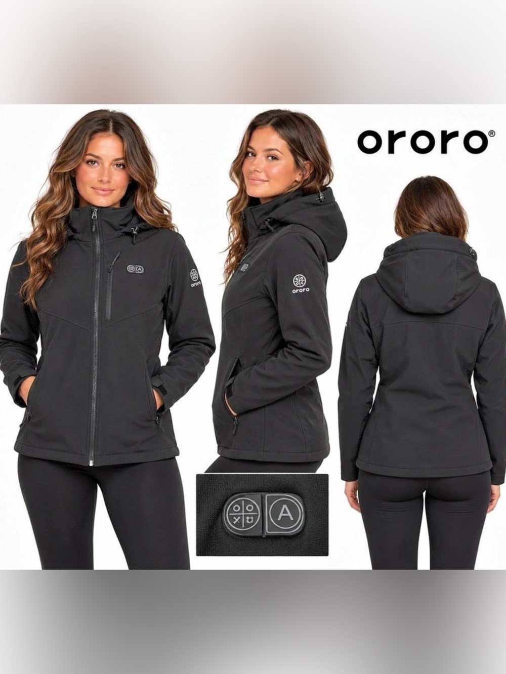 ORORO Women’s Heated Softshell Jacket Size M Black Hooded Full Zip Tested Works
